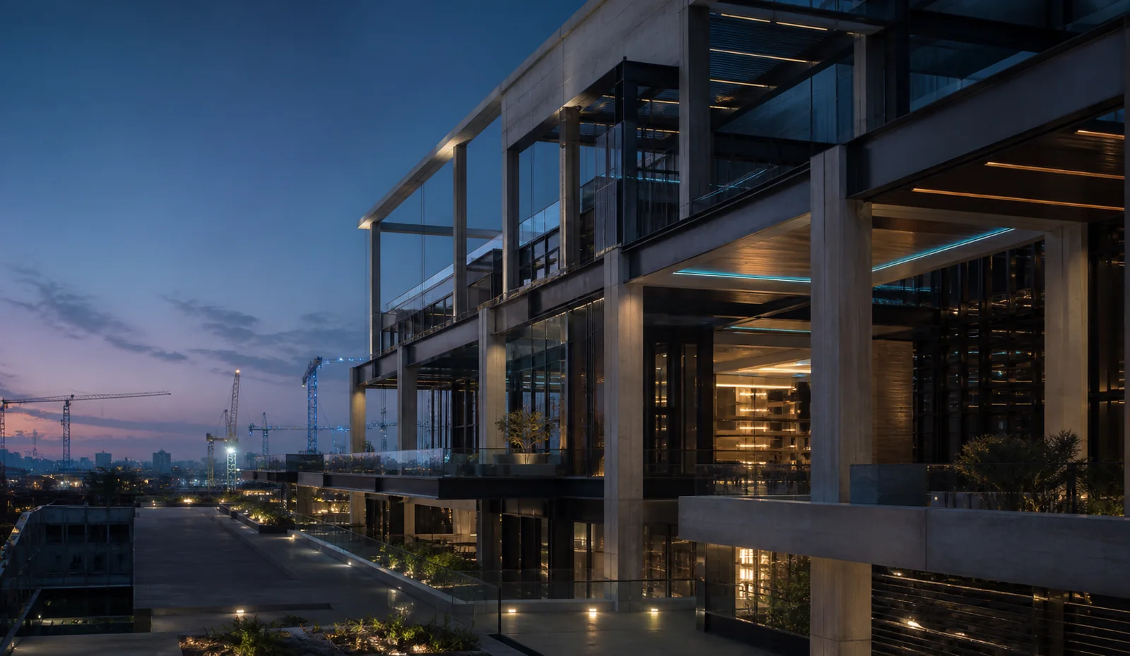 Contemporary construction and architecture concept at blue hour.