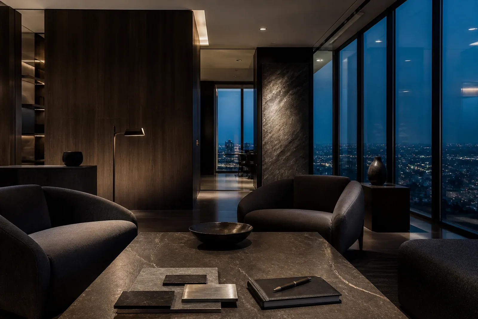 A refined professional-services lounge overlooking a city at dusk.