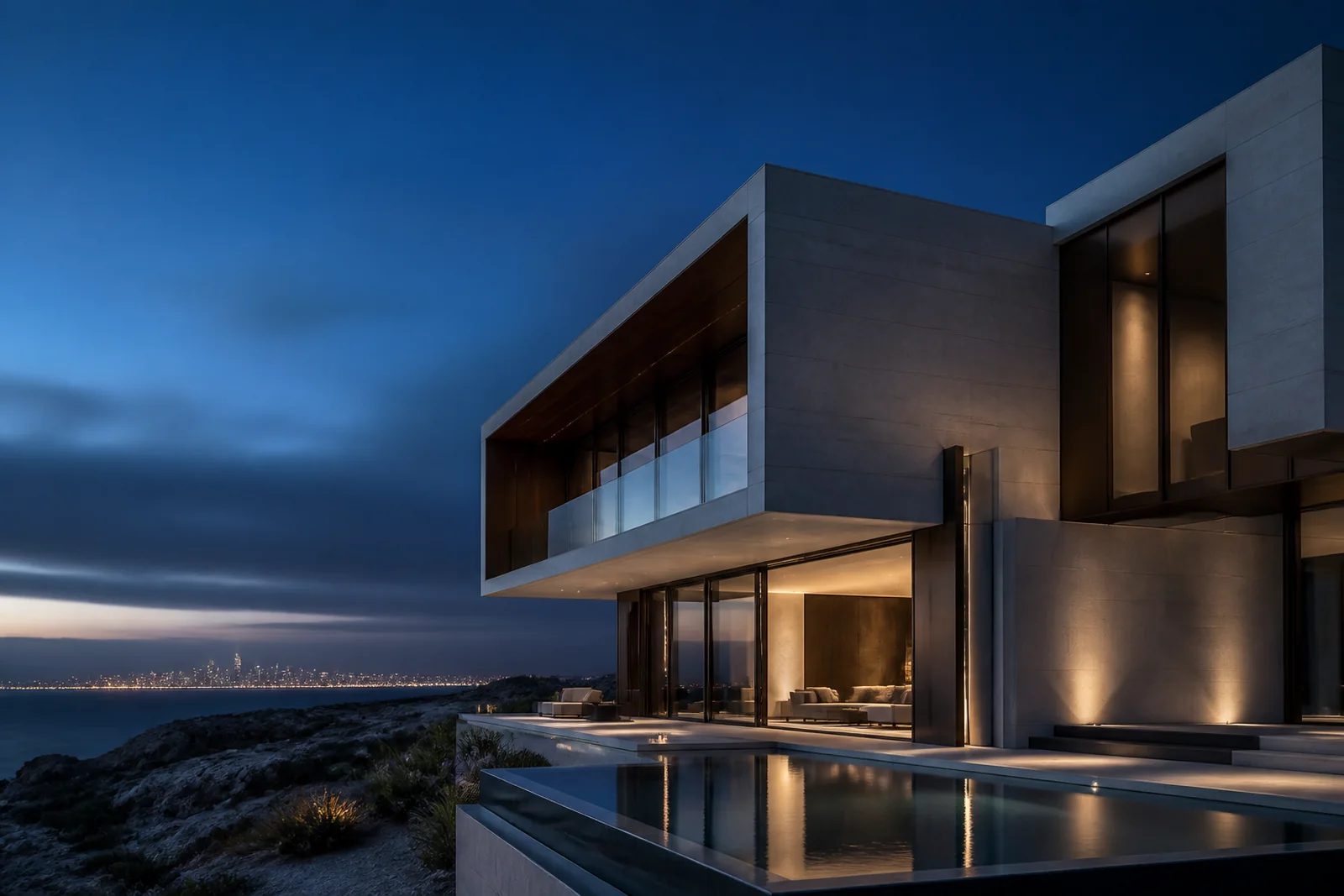 Contemporary luxury property concept at blue hour.